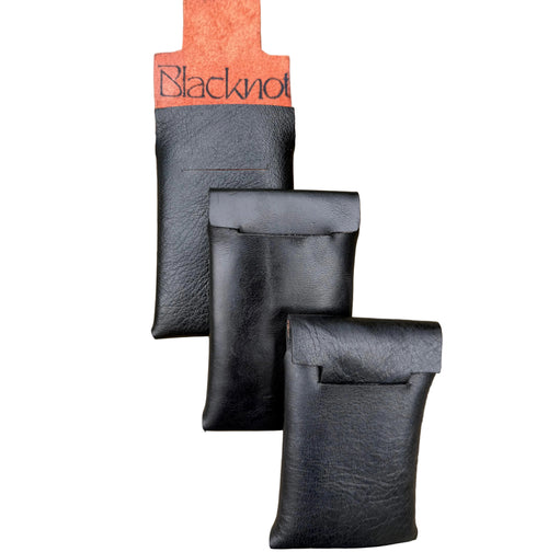 Three black leather cardholders arranged diagonally on a white background, with a black tag showing the brand 'Blacknot' at the top.