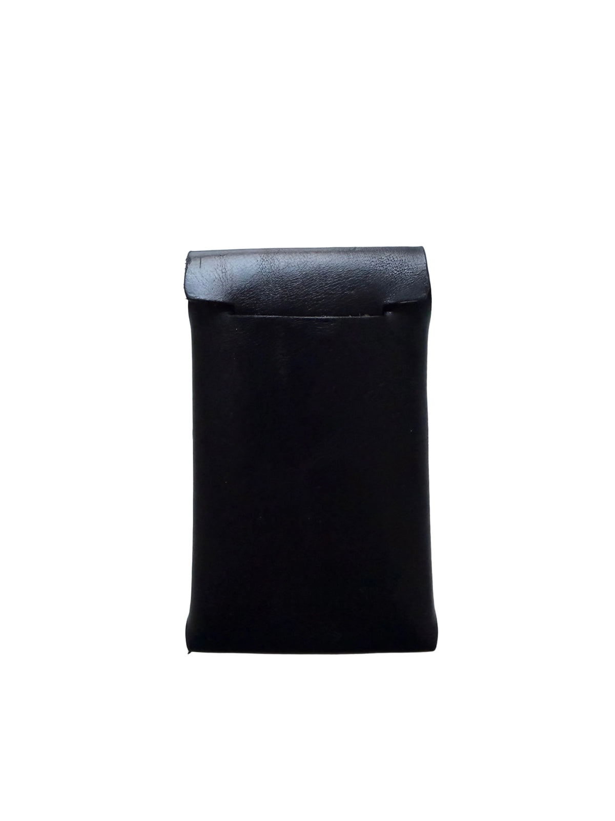 A black leather cardholder or pouch with a folded top flap, photographed from directly above on a light gray background.