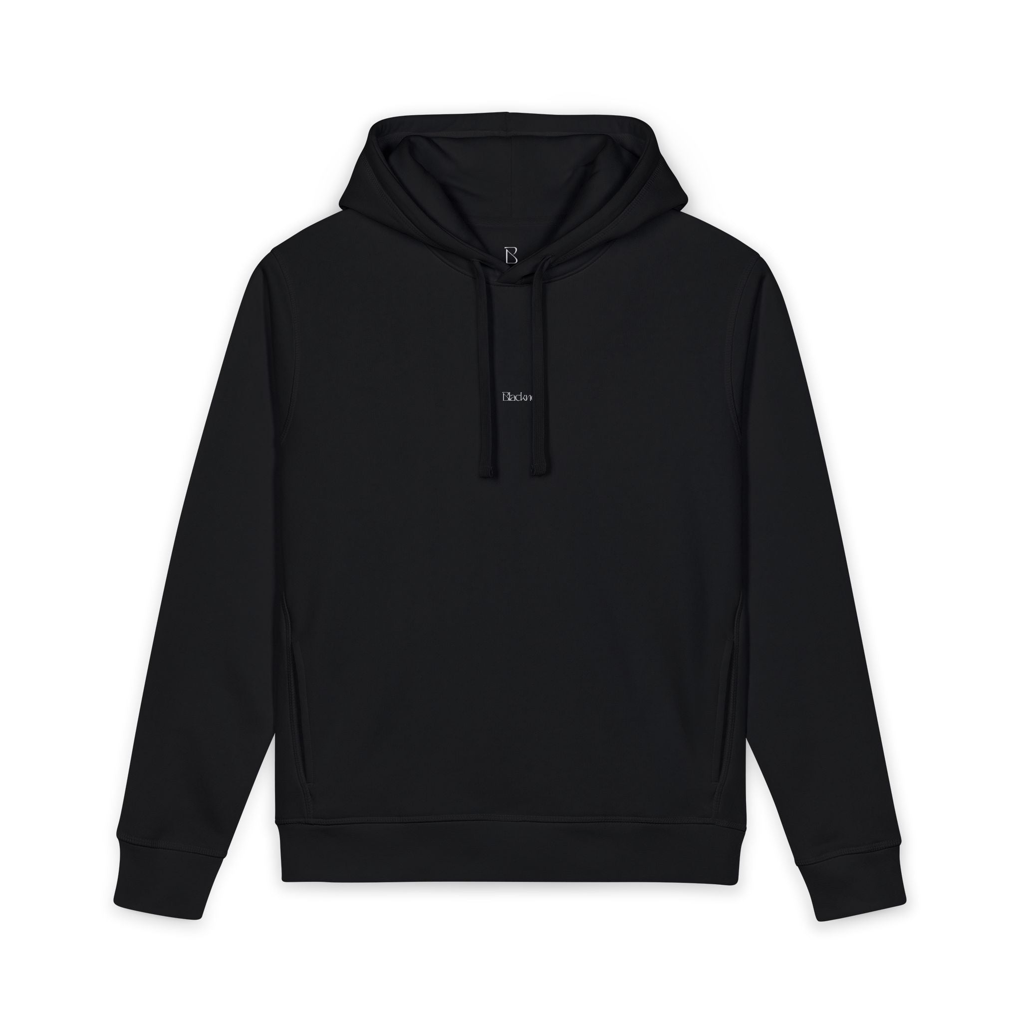 Minimal Black Hoodie — Small Center Script Logo Organic Side-Pocket Sweatshirt