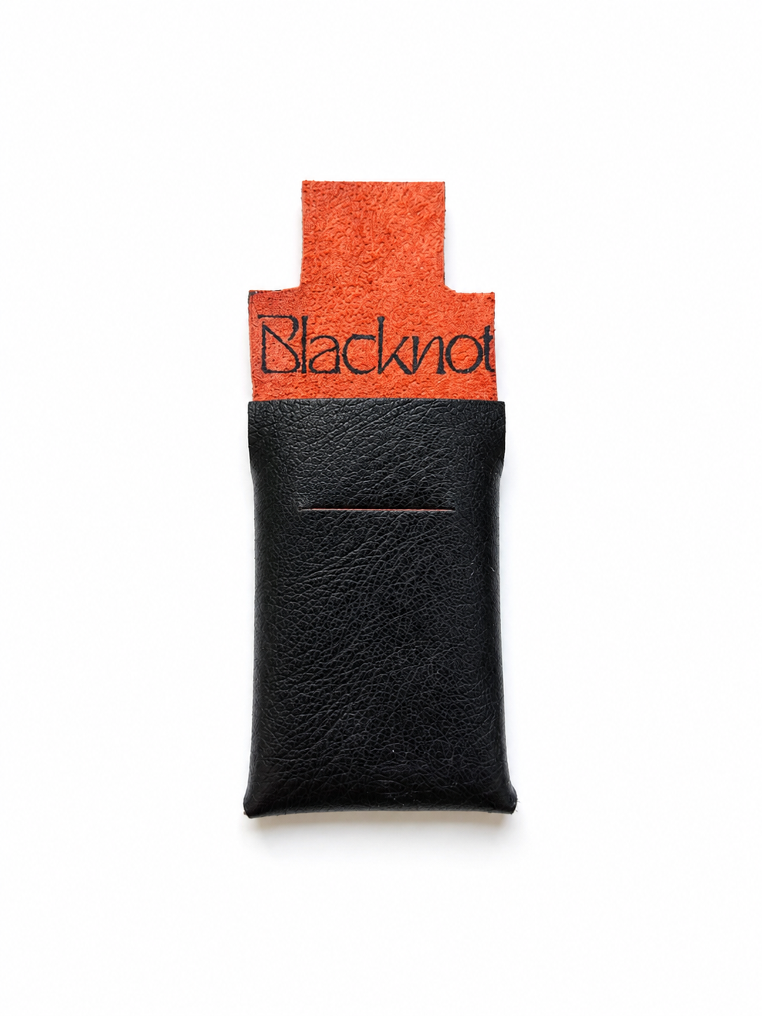 A black leather cardholder, with the brand name 'Blacknot' printed on the orange top section, shot against a plain white background.